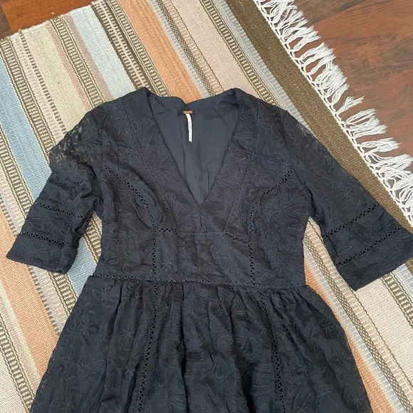 Free People Black V Neck Dress with Embroidered Pattern
